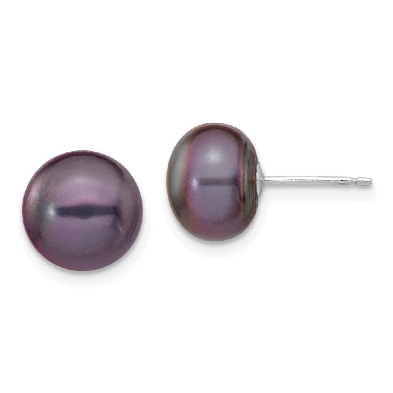 14k White Gold Black Button Cultured Pearl Stud Earrings (L-9 mm, W-10 mm)