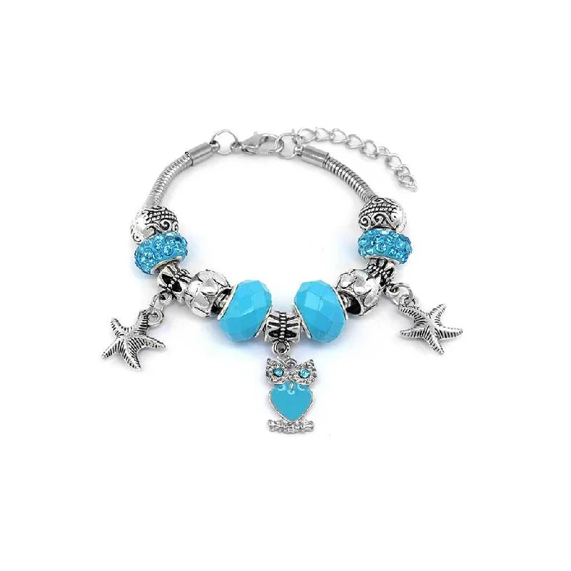 Turquoise Murano Bead Bracelet With Owl Charm and Austrian Crystals