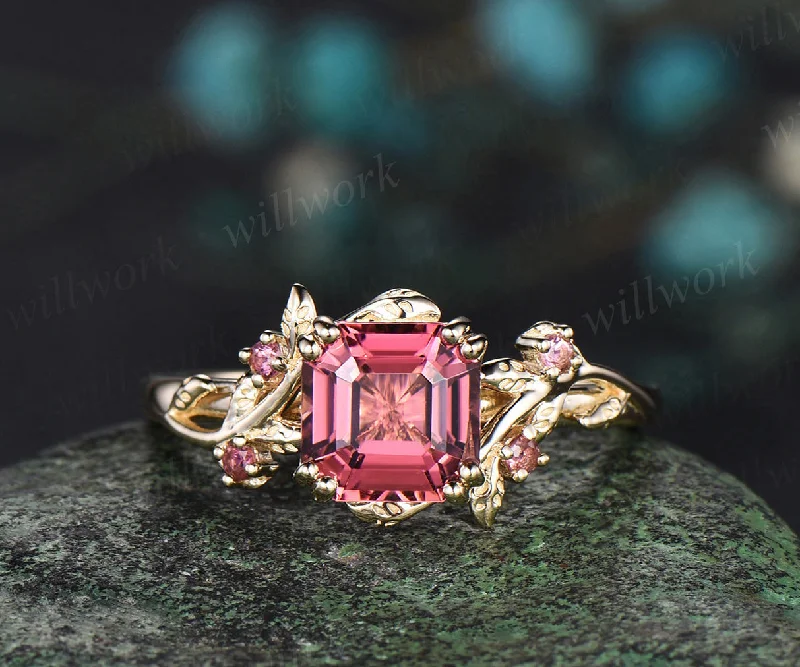 Vintage Asscher Cut Pink Tourmaline Engagement Ring solid 14k yellow gold five stone leaf branch wedding ring women jewelry