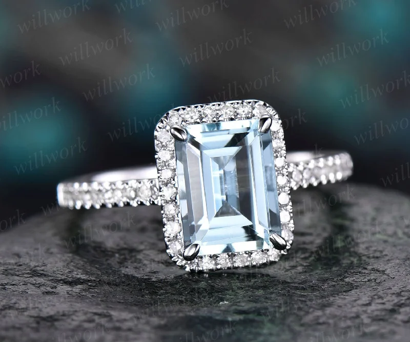 Emerald cut aquamarine engagement ring 14k white gold real diamond antique gift women March birthstone promise wedding bridal ring for her