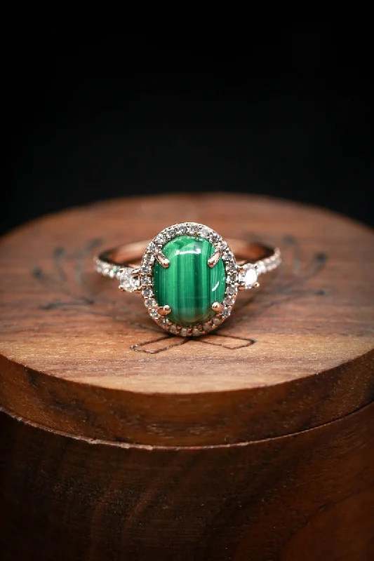 "KB" - OVAL MALACHITE ENGAGEMENT RING WITH DIAMOND HALO & ACCENTS