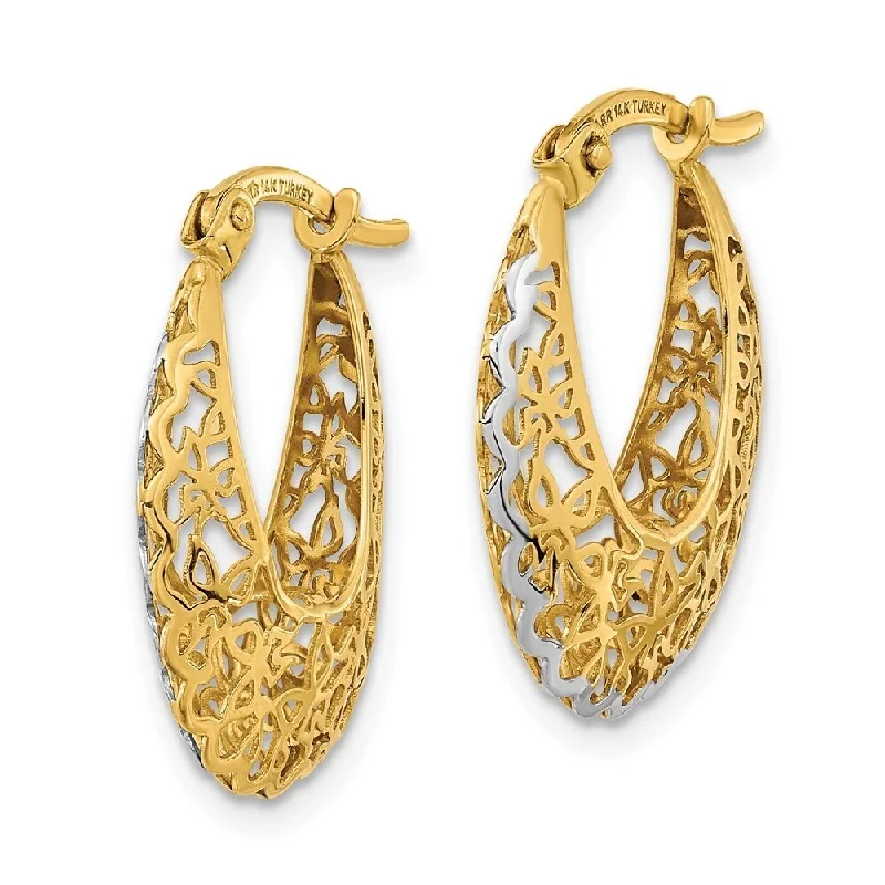 Diamond2Deal 14K Yellow Gold Rhodium-plated Polished Filigree Hoop Earrings (L- 22.52 mm, W- 18.2 mm)