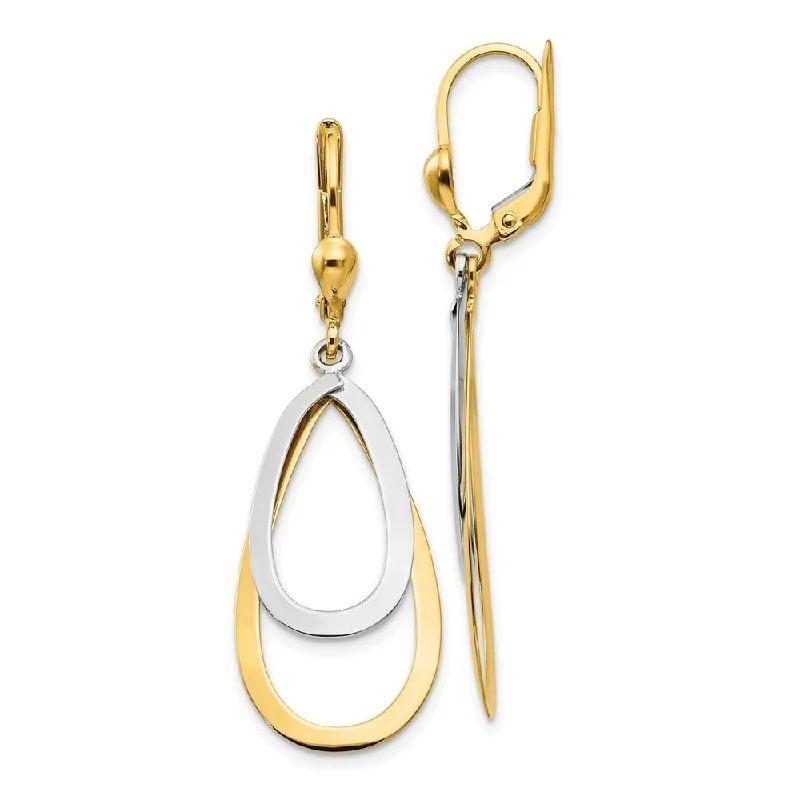 Diamond2Deal 14K Yellow and White Gold Oval Tear Drop Dangle Earrings with Leverback (L-48 mm, W-14 mm)