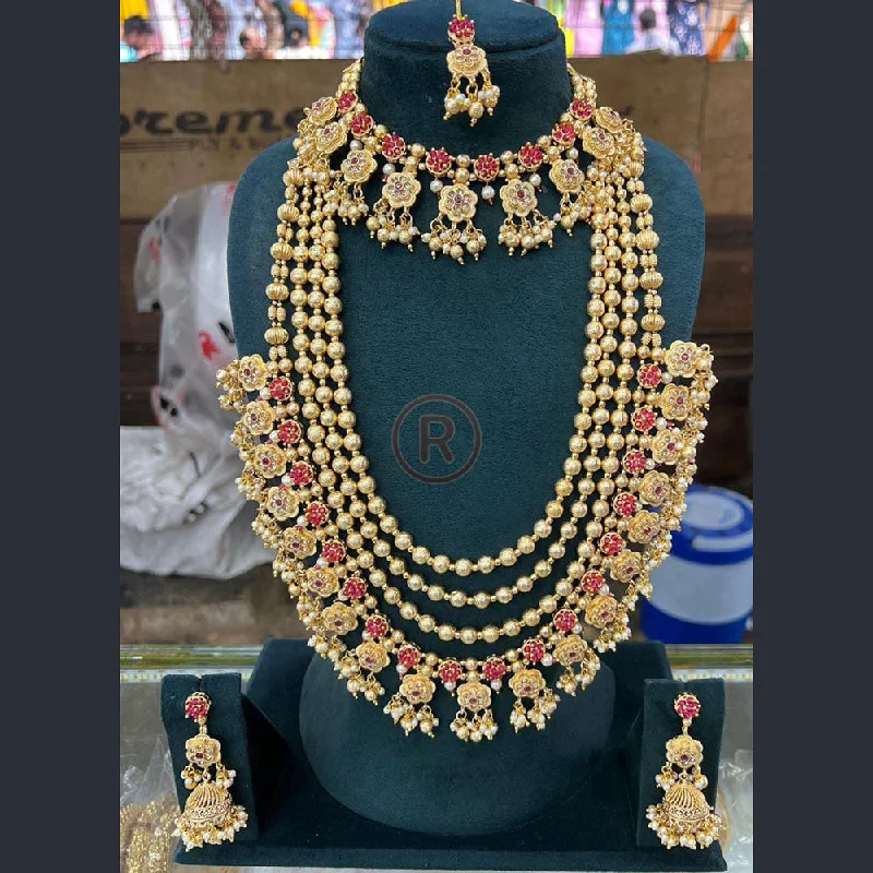 Manisha Jewellery Gold Plated Pota Stone And Pearls Double Necklace Set