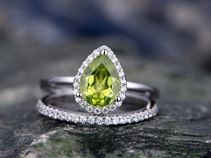 Green Peridot engagement ring-Solid 14k white gold-handmade Diamond Bridal ring-pave Stacking band-6x8mm Pear shaped gemstone promise ring