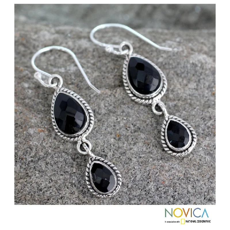 NOVICA Handmade Sterling Silver 'Midnight Teardrops' Onyx Earrings (India)