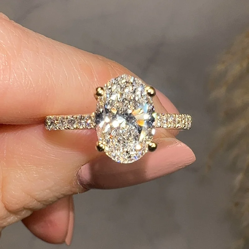 "Raquel" Hidden Under Halo 1.90 Carat Oval Cut Diamond Shoulders Yellow Gold Engagement Ring