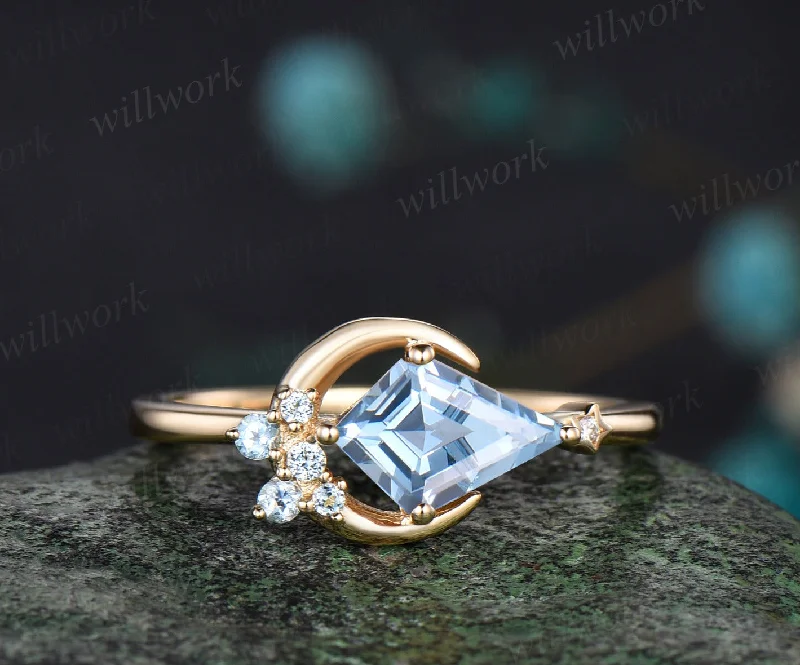 Moon kite cut aquamarine Engagement Ring solid 14k yellow gold March birthstone snowdrift cluster wedding promise ring women