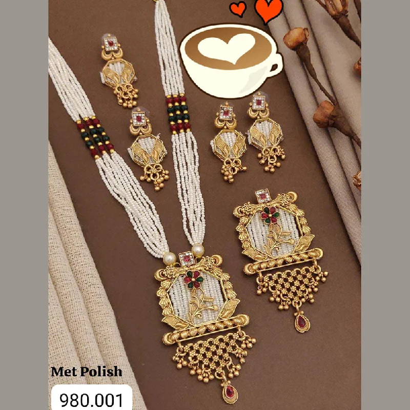 FS Collection Gold Plated Pota Stone And Pearls Long Necklace Set