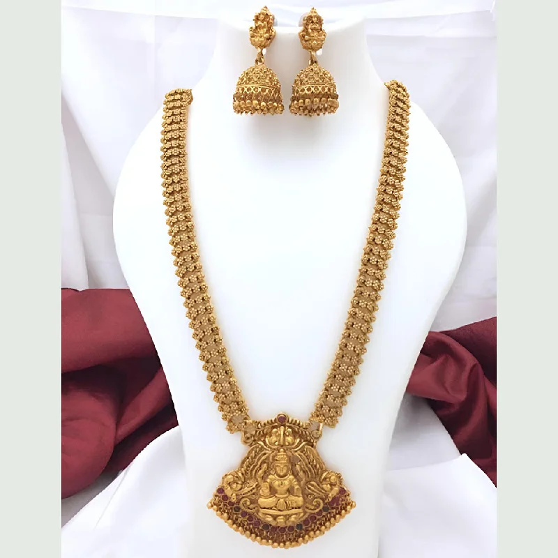 Bhavi Jewels Art Matte Gold Plated Pota Stone Temple Long Necklace Set