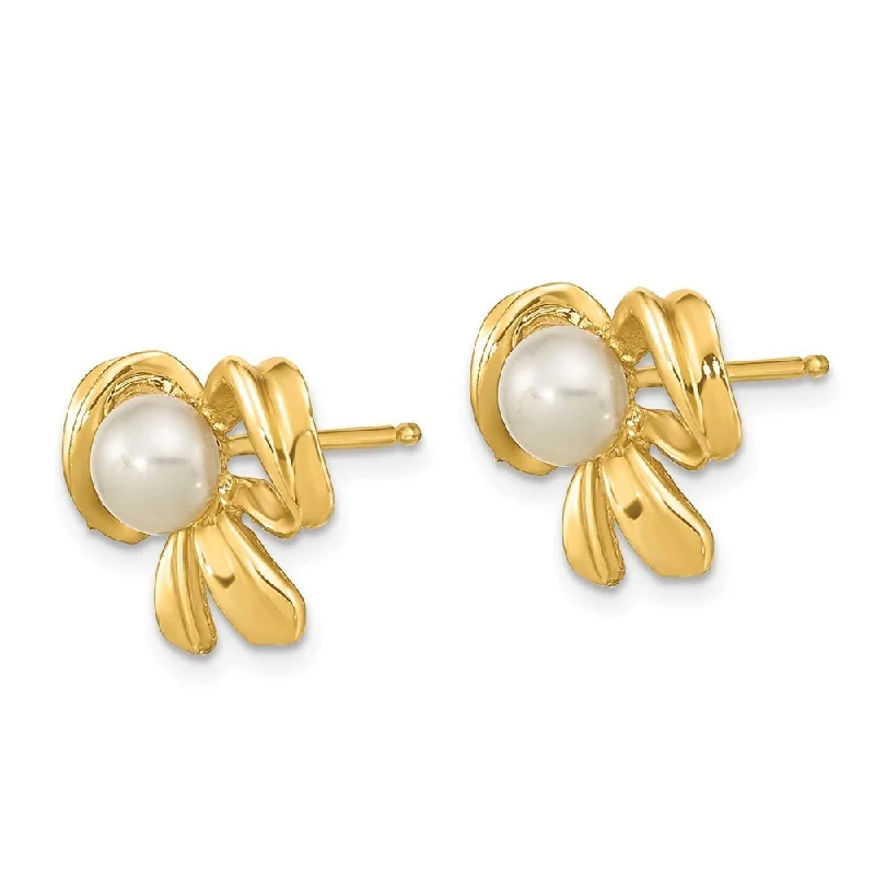 14k Yellow Gold 3-4mm White Button Freshwater Cultured Pearl Stud Earrings (L-8.68 mm, W-8.99 mm)