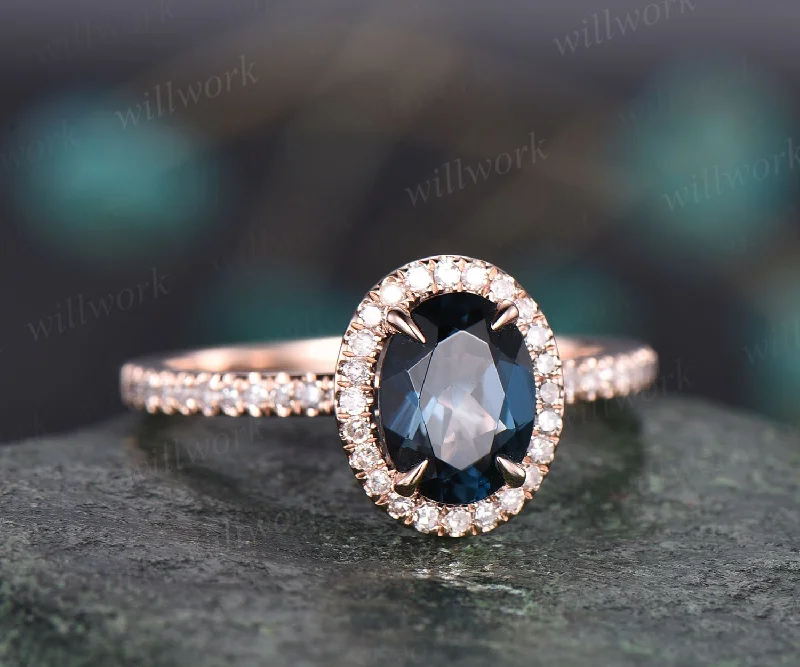 Oval shaped London blue topaz engagement ring rose gold ring for women diamond halo ring topaz ring jewelry vintage unique bridal ring gift