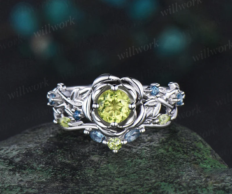 Vintage round cut peridot engagement ring white gold flower floral leaf twisted five stone anniversary ring set women gift