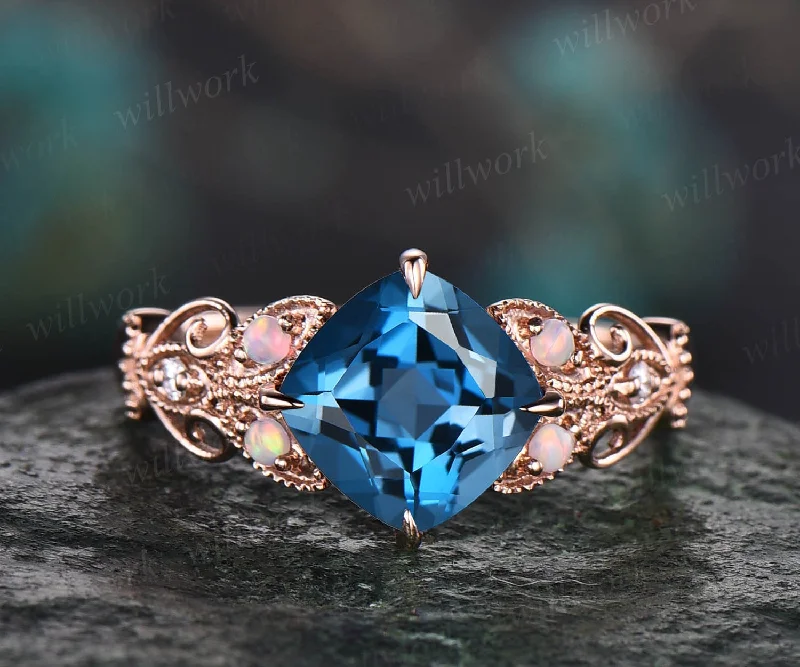 Cushion cut London blue topaz engagement ring 14k rose gold butterfly flower unique engagement ring opal diamond ring for women wedding ring