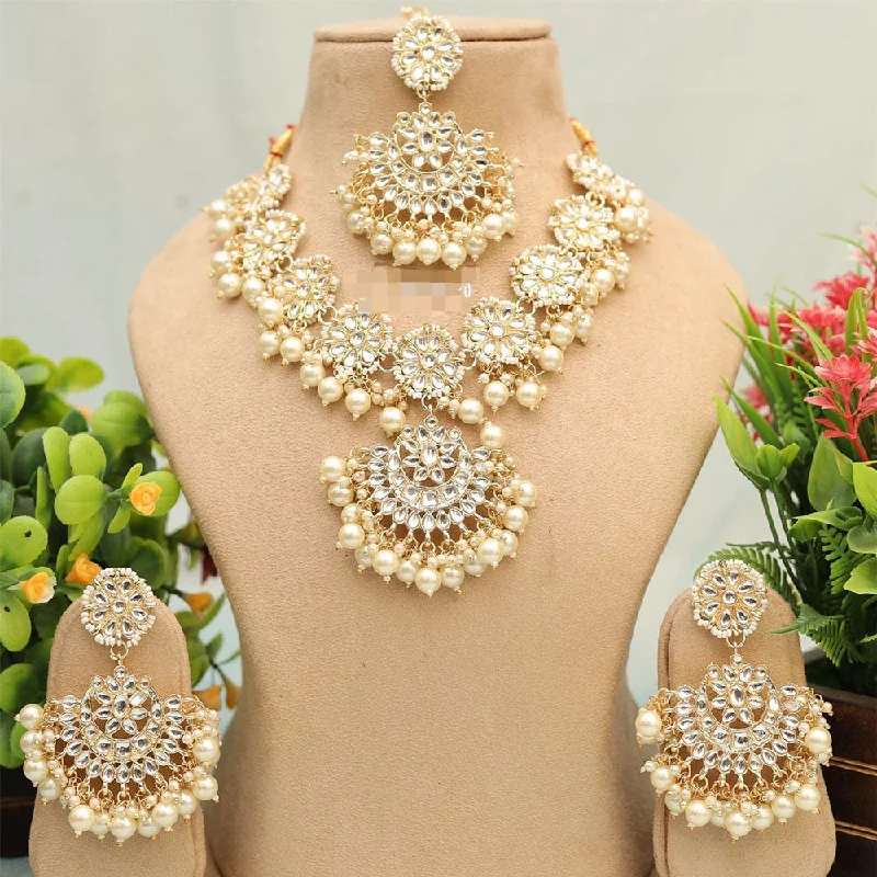 FS Collection Gold Plated Kundan Stone And Pearls Necklace Set