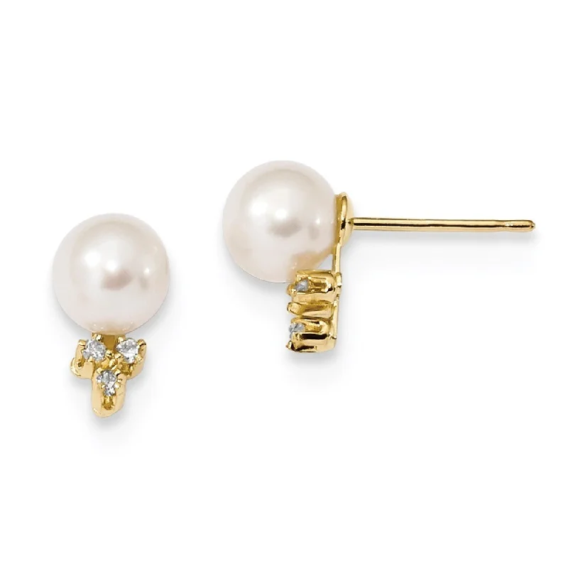 14k Yellow Gold White FWC Pearl .06ct Diamond Earrings (L-6 mm, W-7 mm)