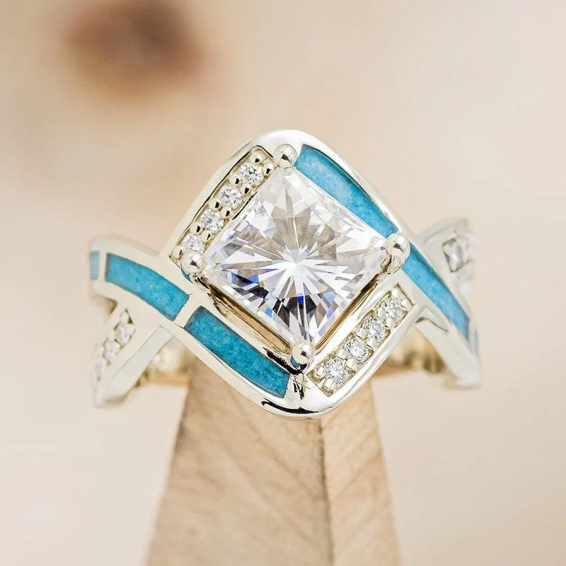 "HELIX" - PRINCESS CUT MOISSANITE ENGAGEMENT RING WITH DIAMOND ACCENTS & TURQUOISE INLAYS