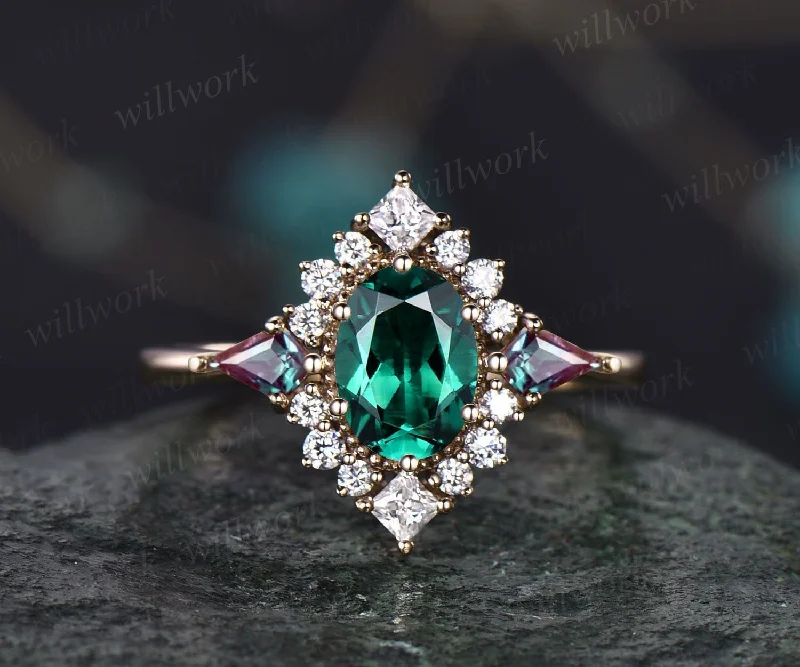 Vintage oval emerald engagement ring 14k rose gold halo princess diamond ring kite alexandrite ring women retro wedding anniversary ring