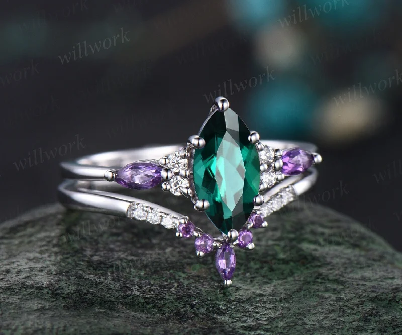 Vintage marquise cut green emerald engagement ring art deco white gold amethyst moissanite 6 prong crystal bridal wedding ring set women