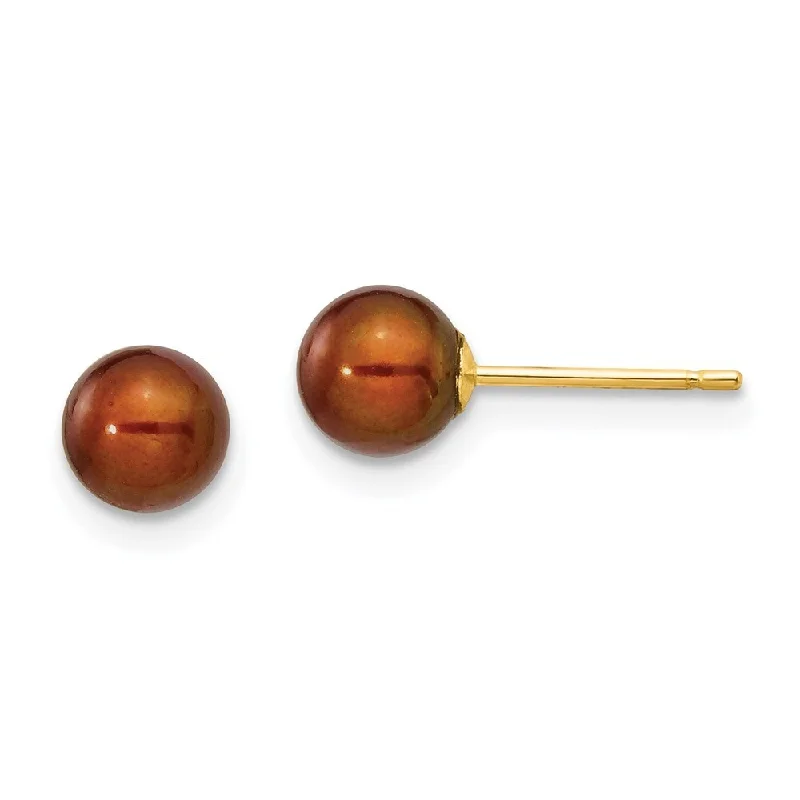 14k Yellow Gold Coffee Round Cultured Pearl Stud Earrings (L-5 mm, W-6 mm)