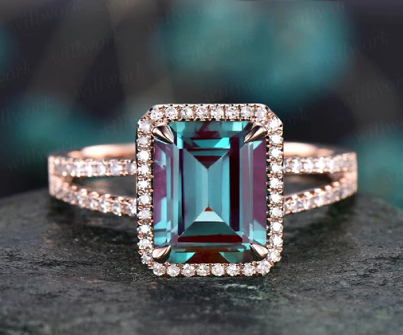 Vintage emerald cut Alexandrite engagement ring 14k rose gold half eternity halo split shank diamond ring for women promise bridal ring gift