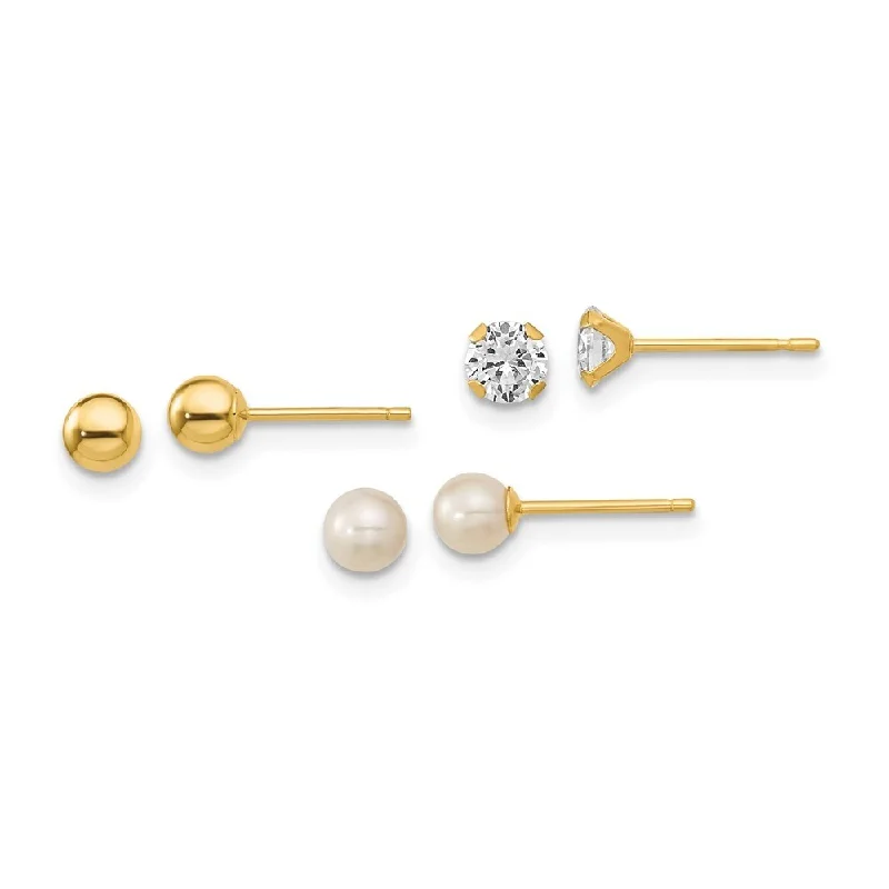 14k Yellow Gold 3 Pair Set-Ball, CZ and Freshwater Cultured Pearl Stud Earrings (L-3.3 mm, W-3.3 mm)