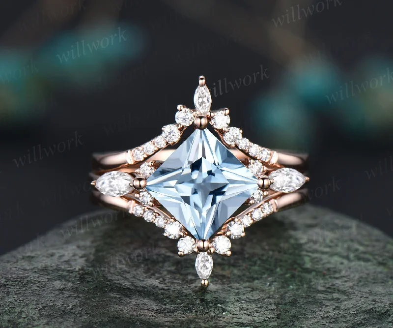 Vintage princess cut aquamarine engagement ring set rose gold unique engagement ring art deco moissanite promise wedding ring set for women