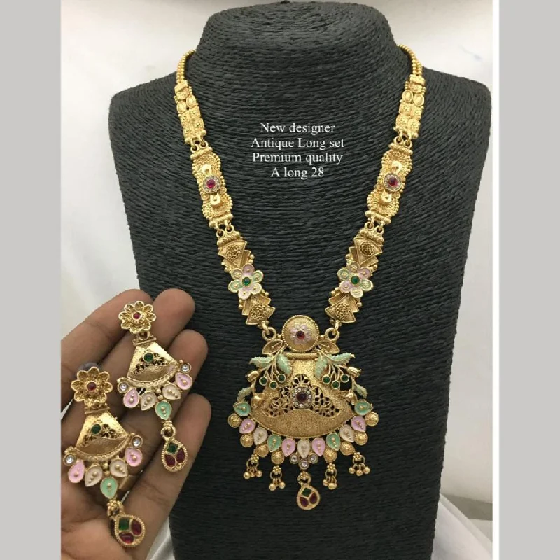 FS Collection Antique Gold Plated Pota Stone And Pearls Long Necklace Set