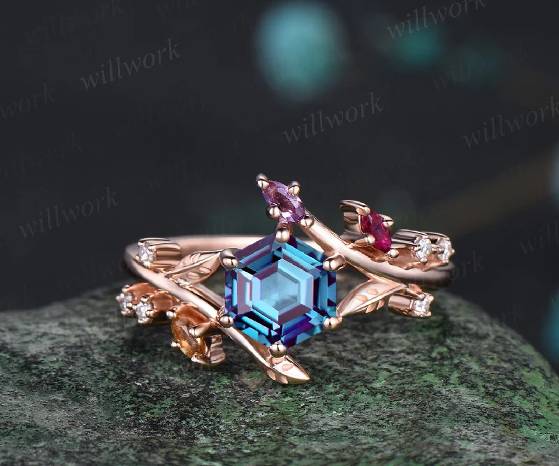 Unique Hexagonal Ring Vine Wrapped Alexandrite Ring 14k Rose Gold Engagement Ring Christmas Gift Anniversary Gift Ring