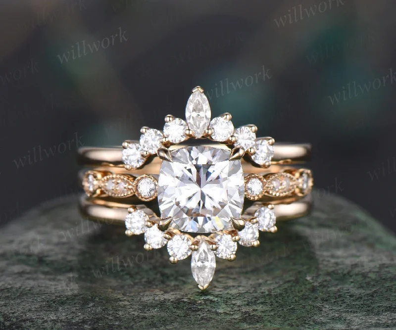 Cushion cut Moissanite ring gold vintage engagement ring yellow gold art deco unique moissanite wedding promise ring set