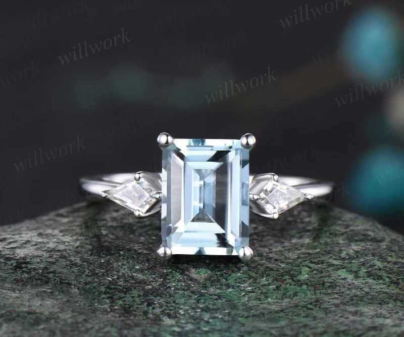 Unique March Birthstone Emerald Cut Natural Aquamarine Engagement Ring Kite Moissanite Three Stone Ring 14k White Gold Bridal Gift For Women