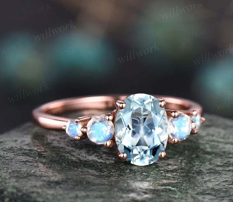 Unique vintage oval cut aquamarine engagement ring minimalist five stone moonstone ring for women 14k rose gold silver promise wedding ring