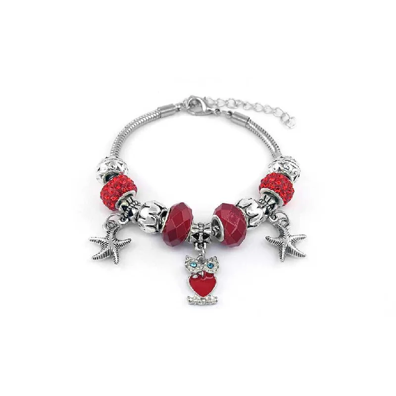 Red Murano Bead Bracelet With Owl Charm and Austrian Crystals