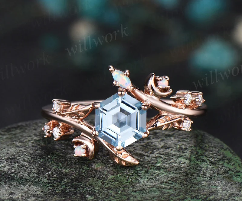 Hexagon cut aquamarine engagement ring rose gold leaf moon diamond ring vintage March birthstone anniversary ring women