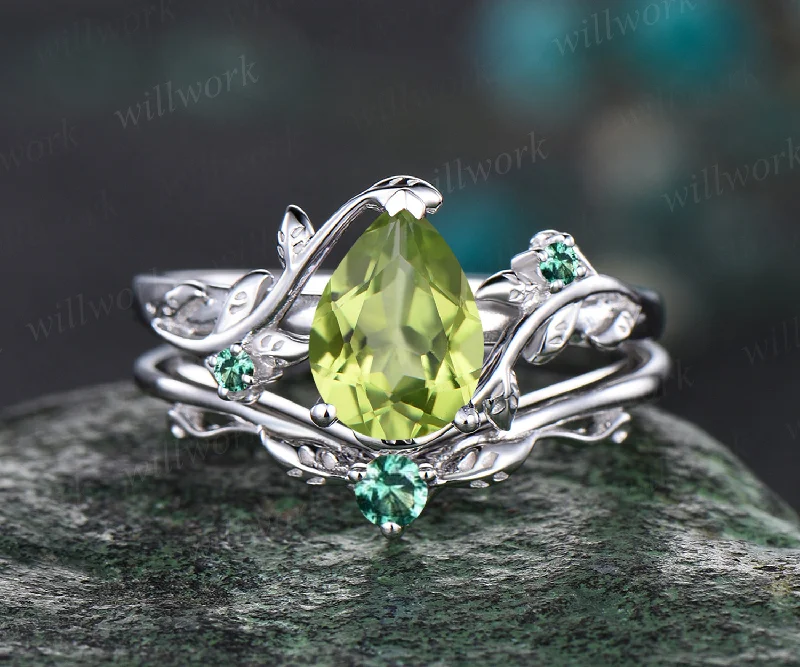 Art Deco Leaf Vine Twig Branch Leaf Nature Inspired Engagement Ring Set Unique Pear Cut August Birthstone Natural Peridot Wedding Ring Emerald Wedding Band 14k White Gold 2pcs Bridal Ring Set