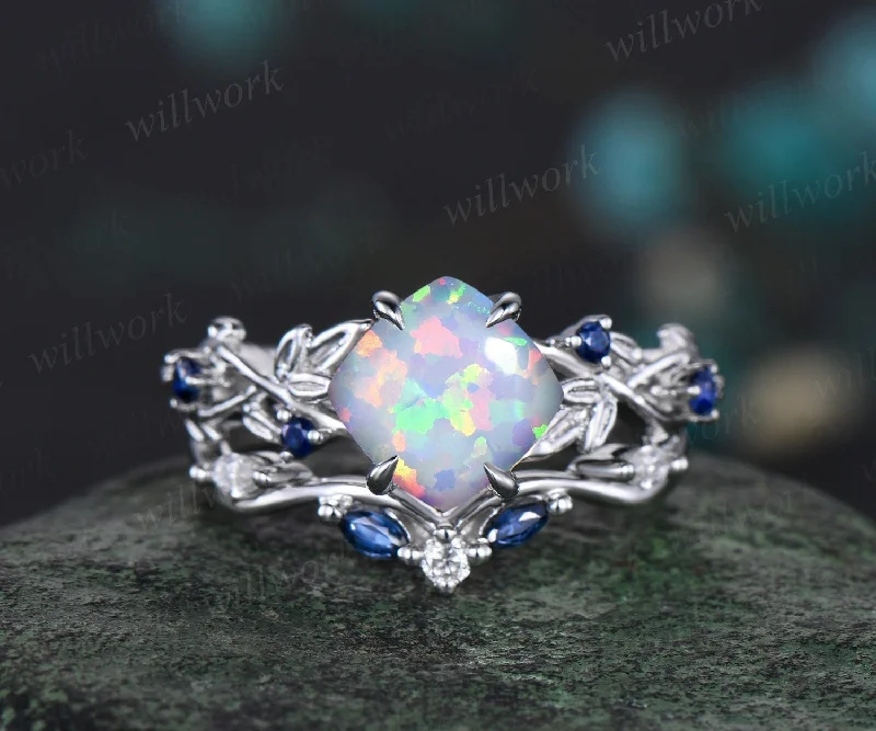 Twig cushion opal engagement ring white gold five stone leaf branch Nature inspired ring sapphire anniversary wedding ring set women gift