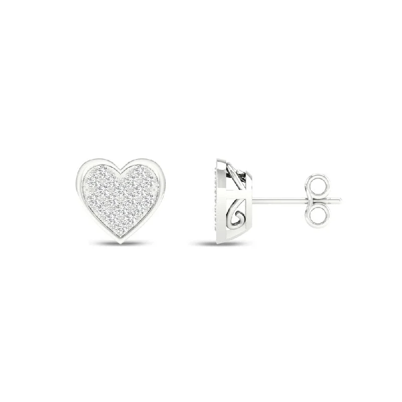 1/10ct TDW Diamond Heart Earrings in Sterling Silver by De Couer - White