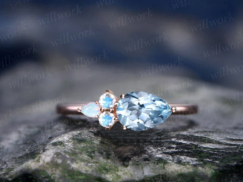 Dainty Pear shaped aquamarine engagement ring solid 14k rose gold moonstone ring vintage opal ring women unique anniversary wedding ring