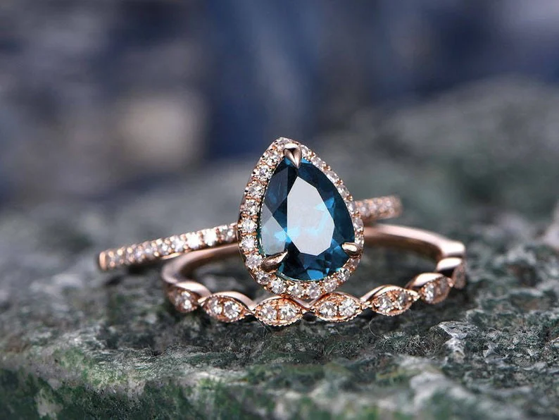 2pcs Pear cut London blue topaz engagement ring set rose gold topaz ring gold handmade diamond matching wedding November birthstone ring set