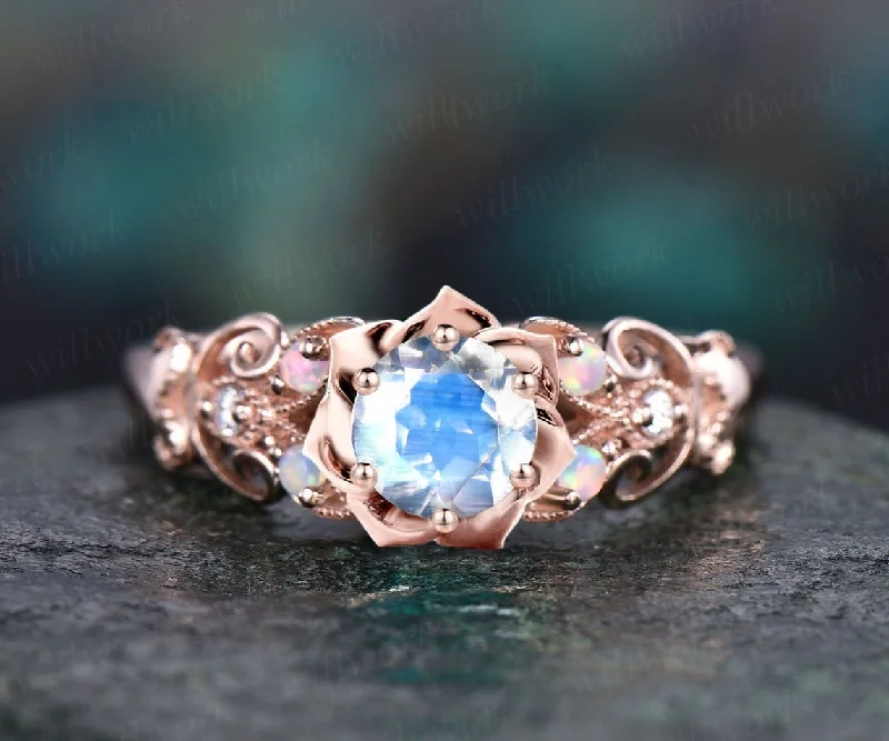 Round moonstone ring vintage rose gold butterfly floral engagement ring retro opal moissanite ring unique bridal wedding ring women gift