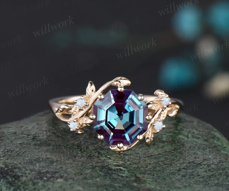 Octagon Alexandrite ring vintage five stone opal ring leaf nature inspired unique engagement ring rose gold antique wedding ring women