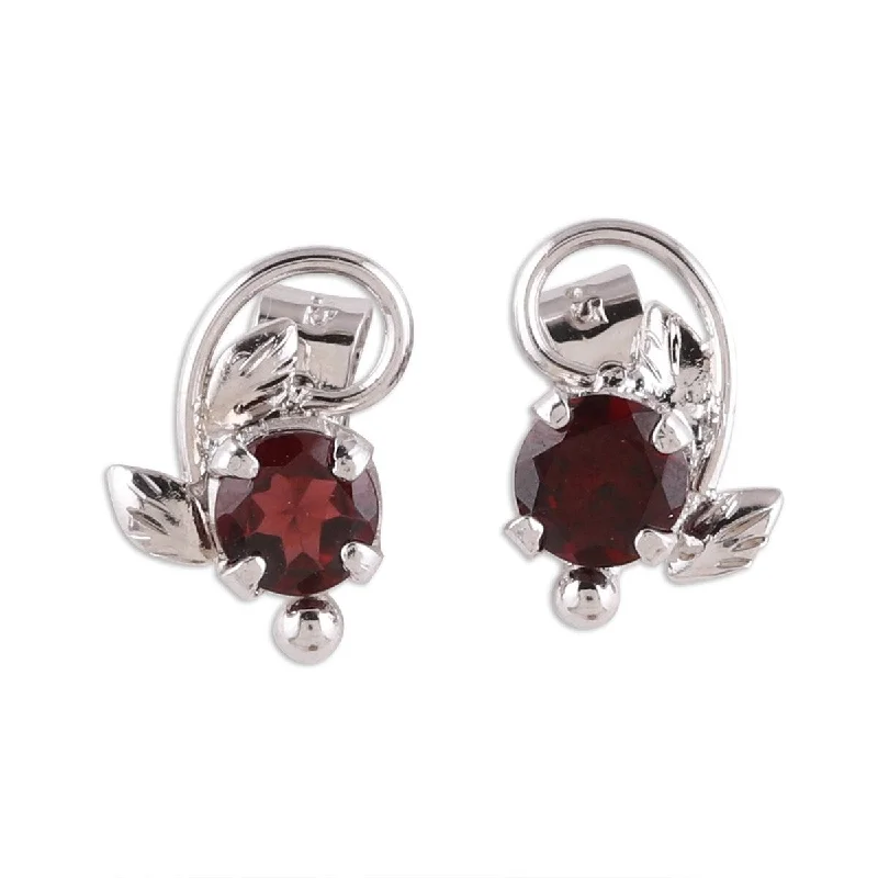 NOVICA Blissful Radiance, Rhodium plated garnet stud earrings - 0.6L*0.3W