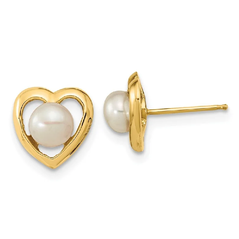 14k Yellow Gold 4-5mm White Button Freshwater Cultured Pearl Stud Earrings (L-8.82 mm, W-8.83 mm)