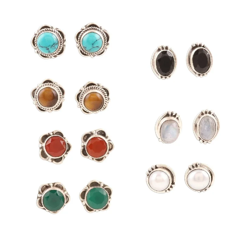 NOVICA Everyday Pairs, Multi-gemstone stud earrings (set of 7)