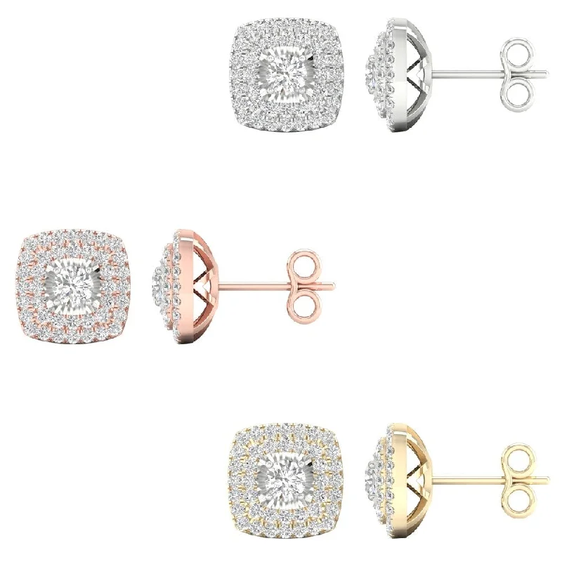 1ct TDW Diamond Double Halo Stud Earrings in 10k Gold by De Couer