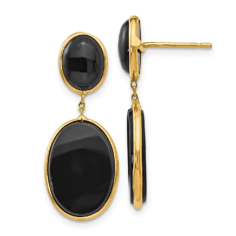 14k Yellow Gold Onyx Oval Dangle Earrings (L-31 mm, W-11 mm)