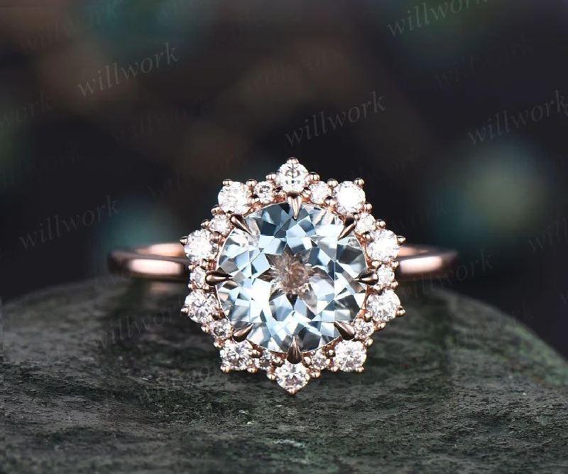 2ct Round aquamarine ring vintage aquamarine engagement ring 14k rose gold halo snowdrift moissanite unique wedding anniversary ring women