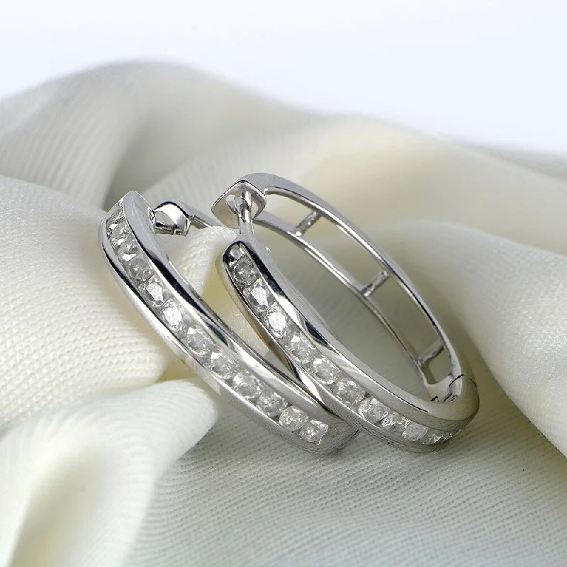 1ct TDW Round Diamond Hoop Earrings in Silver by De Couer