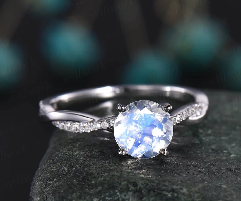 Vintage unique engagement ring round rainbow moonstone engagement ring 14k white gold twisted real dianond ring birthday anniversary gift