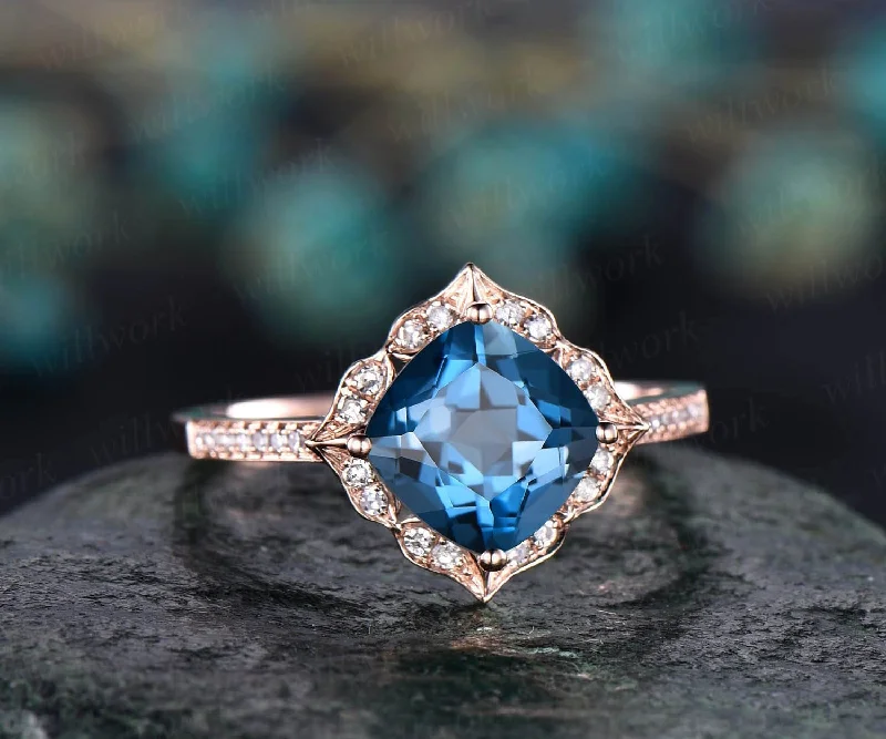 Cushion cut London blue topaz ring vintage London blue topaz engagement ring rose gold flower halo engagement ring diamond anniversary ring